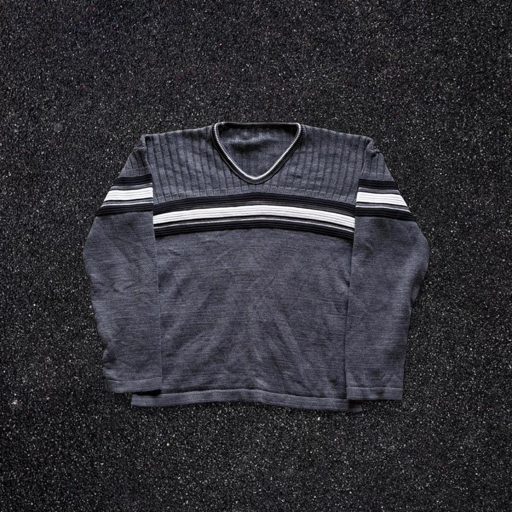 Vintage 90s Mens V-Neck Knit Sweater Charcoal Grey Striped Retro Pullover L